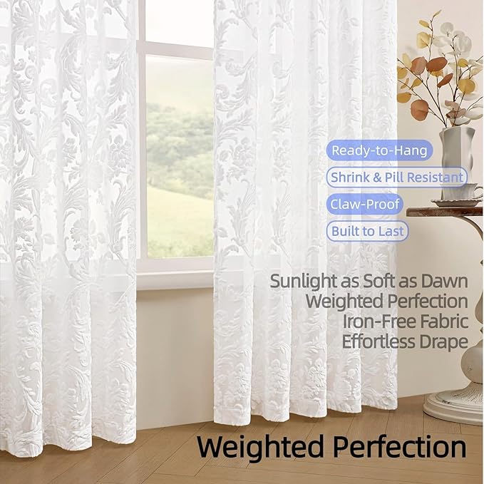 Sheer Curtains 84 Inch Length for Living Room & Bedroom Rod Pocket Boho Farmhouse Drapes with Scroll Floral Patterned 3D Flocked Texture & Rococo Motifs White Sheer Curtain Set of 2 Panels 52"W*84"L