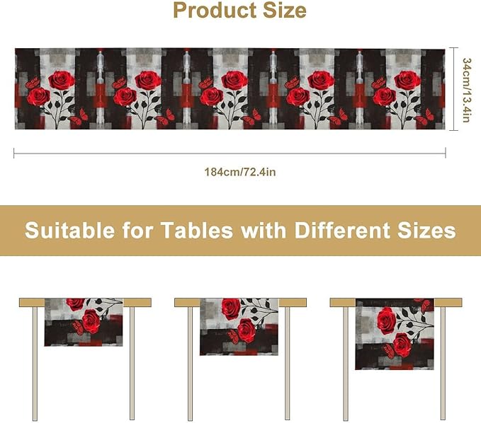 Abstract Art Rose Table Runner, Red Roses Floral Butterfly Black Red Grey Ink Background Pattern Kitchen Dinning Table Runner for Indoor Outdoor Home Wedding Party Holiday, 13x90 Inch