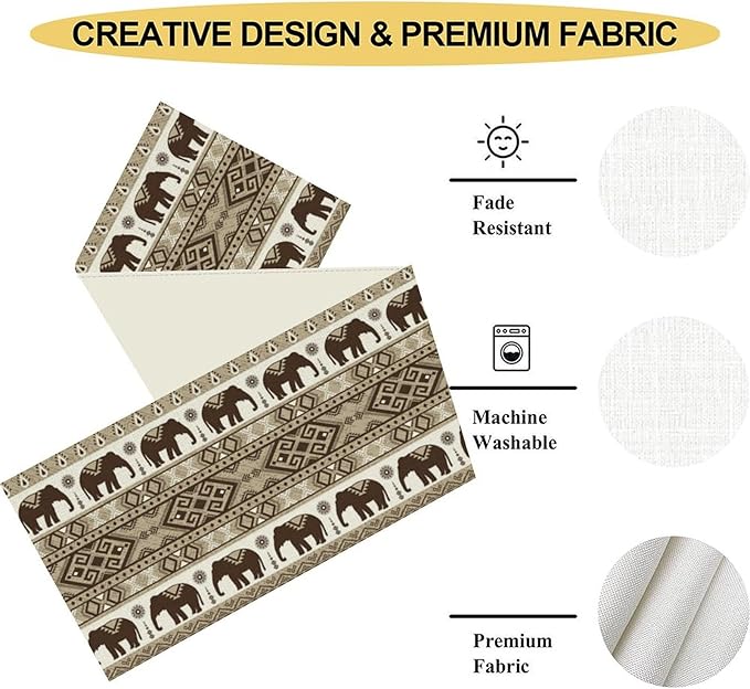 Ethnic Table Runner, Rustic Farmhouse Boho Indian Bohemian Elephant Aztec Tribal Print Beige Table Center Decor for Home Kitchen Dining Patio Holiday Party Indoor Table Decorations, 13"x36" Inch