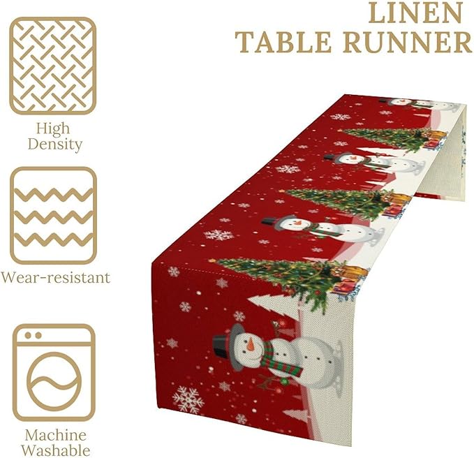 Christmas Table Runner,Snowman Rustic Red Snowflake Winter Table Cloth Kitchen Dining Table Decoration for Home Party Decor 13x36 Inch