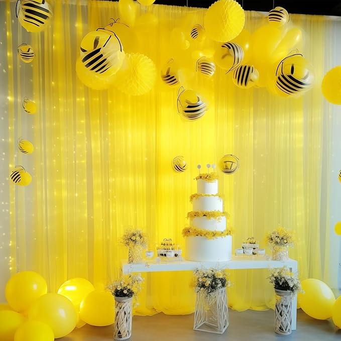 10×10ft Yellow Tulle Backdrop Curtain with Lights String for Parties, Sheer Curtain Backdrop Drapes for Wedding Party Photography Background