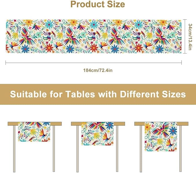 Mexican Table Runner,Boho Colorful Nature Inspired Flowers and Birds Table Cloth Kitchen Dining Table Home Party Decoration 13x108 Inch