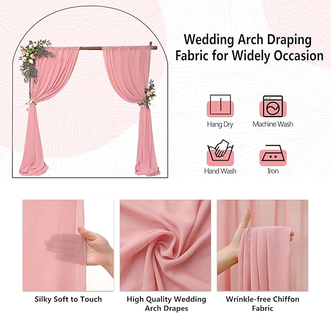 6 Panels Dusty Rose Wedding Arch Drapery 28" x 20Ft Outdoor Curtain Drapes Fabric Chiffon Fabric Drape Backdrop Curtain for Wedding Party Swag Ceremony Birthday Arbor Drapery Reception Ceiling Décor