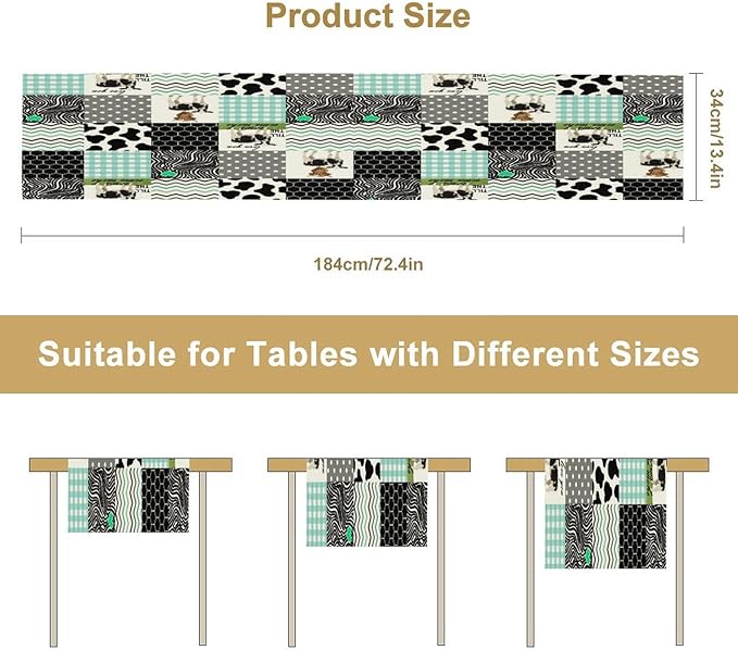 Cute Cow Print Table Runner,Farm Animals Honeycomb Plaid Stripes Cowhide Pattern Tablecloth Burlap for Hotel Indoors Outdoor Dining Room Kitchen Table Decor, 13x60in