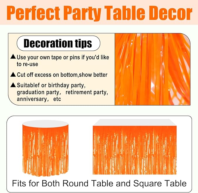 3 Pack 29x108 Inch Macaron Orange Foil Fringe Table Skirts Metallic Banner for Tinsel Streamer Garland Backdrop for Parade Floats Wedding Thanksgiving Birthday Christmas Halloween Party Decoration