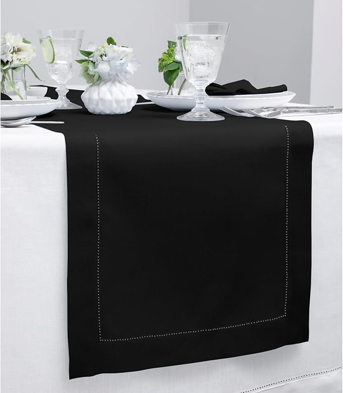 Solino Home Linen Black Table Runner 48 Inches - Classic Hemstitch, 100% Pure Linen Coffee Table Runner 14 x 48 Inch Ideal for Dresser Tables - Fall, Autumn, Halloween, Thanksgiving, Holiday
