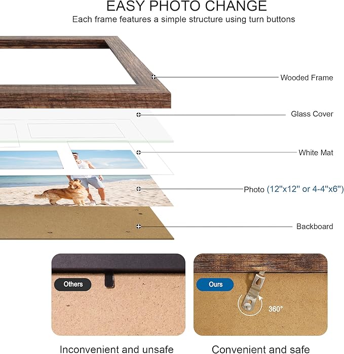 12x12 Picture Frame Set of 2, Rustic Brown Wood Frame with Glass Collage Frame, Display Pictures 4-4x6 With Mat or 12 x 12 Without Mat,Square Photo Frames Collage for Wall Hanging or Tabletop