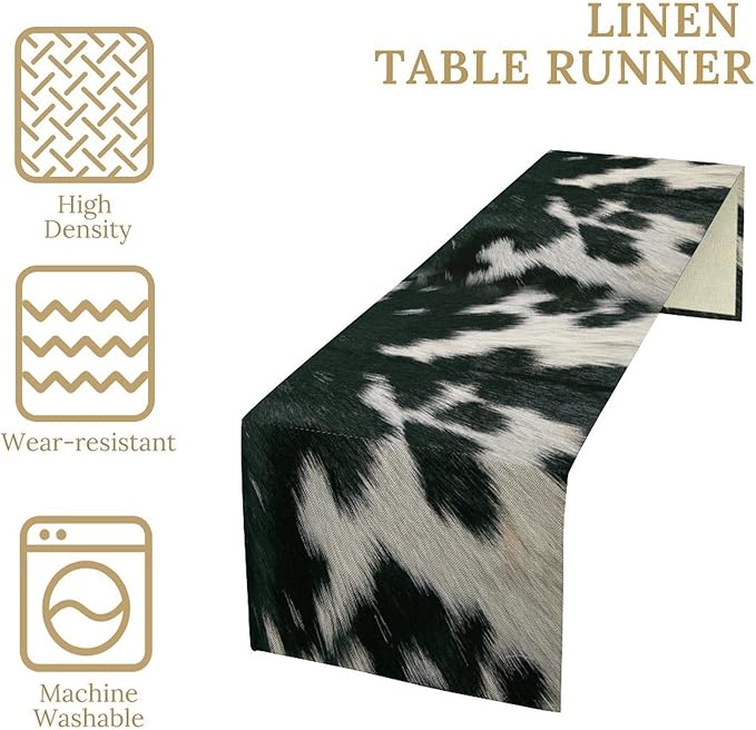 Cow Skin Print Table Runner, Rustic Country Farm Fur Skin Cowhide Pattern Western Style Black White Print Table Runner for Home Kitchen Dinning, 13x120 Inch