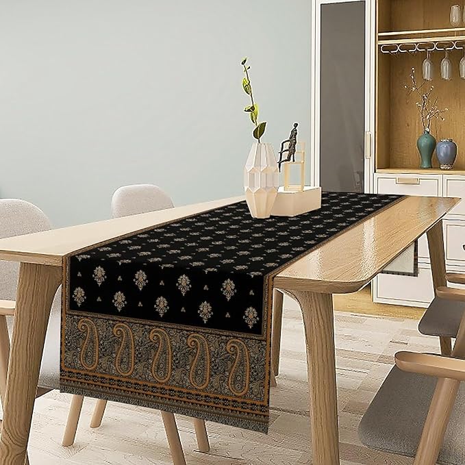 Vintage Paisley Table Runner, Boho Brown Black Flowers Leaves Print Table Runner for Home Dining Kitchen Table Party Wedding Decor, 13x70inch