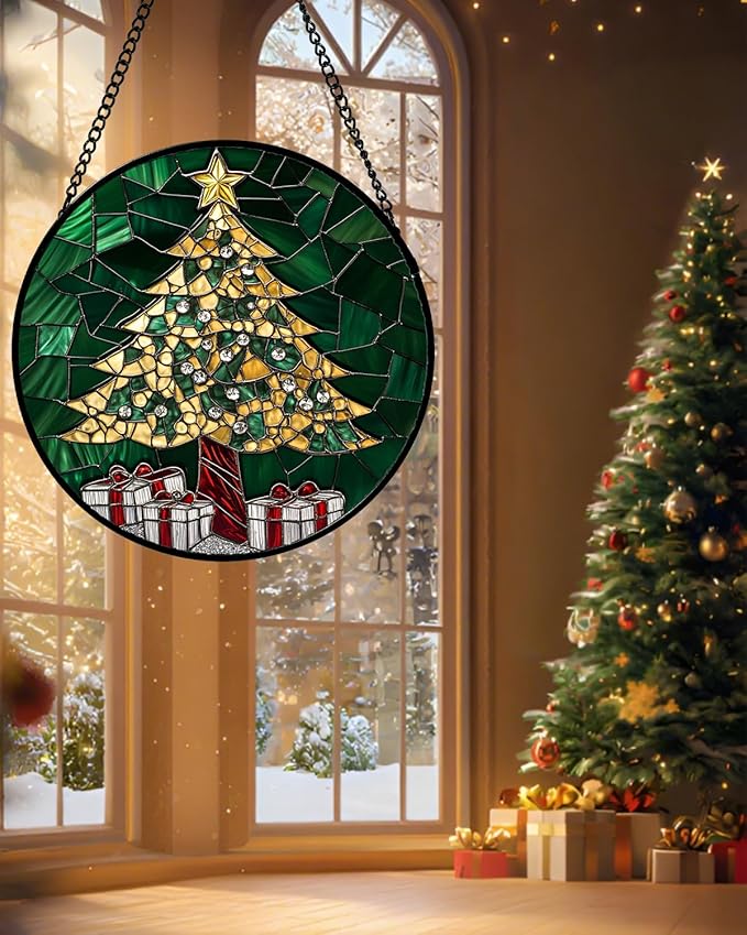 Stained Glass Window Hanging -Gold Green Christmas Tree Suncatcher for Doors Home Christmas Decoration Winter Sun Catcher Thanksgiving New Year Birthday Gifts for Women Men Mom Nana 15 in