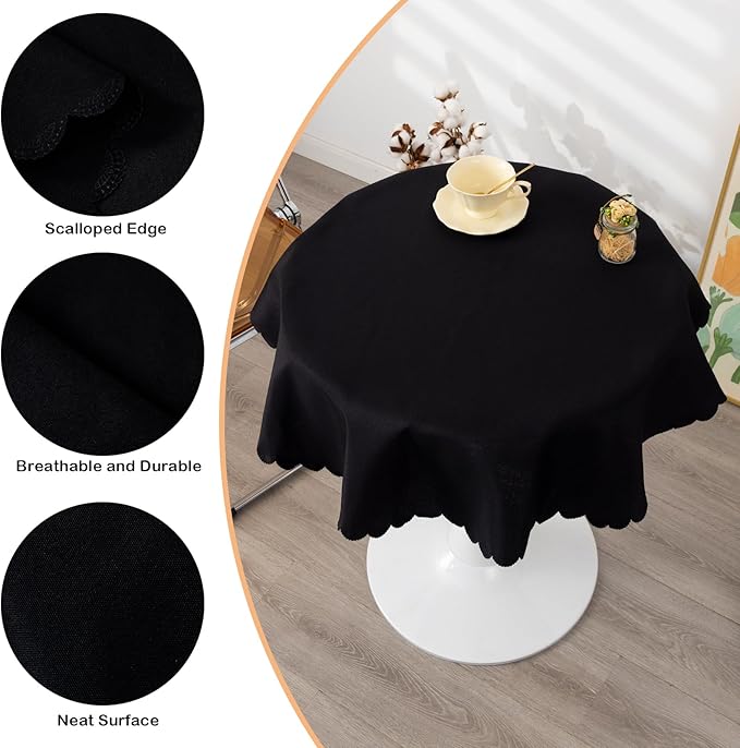Round Black Tablecloth 48 Inch Polyester Fabric Washable Table Cloth Decorative Wrinkle Resistant Solid Color Table Cover for Kitchen Dinning Party Wedding Camping