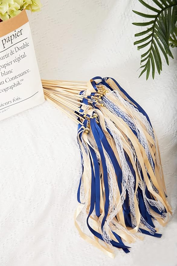 100 Pack Ribbon Wedding Wands Sticks Wedding Party Favors Streamers with Gold Bells and Lace Silk Fairy Wand for Party Activities Baby Shower Holiday Celebration