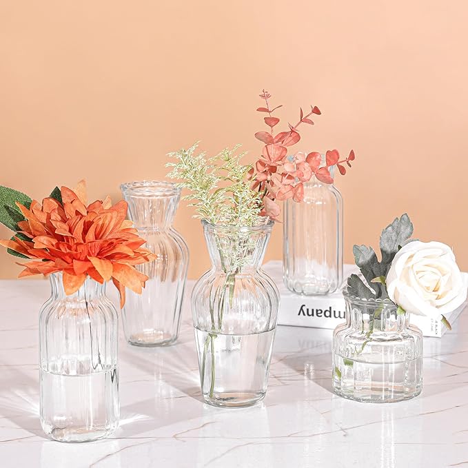 Modern Clear Glass Vase Set - 9Pcs Small Handmade Flower Vases, Decorative Mini Bud Vases for Wedding Reception, Dining Table, and Home Decor - Perfect for Single Stem Flowers