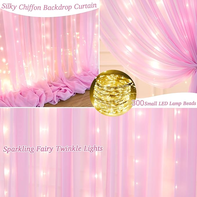 10x10ft Pink Chiffon Backdrop Curtain with Lights for Wedding Parties Baby Shower, Pink Sheer Backdrop Curtains for Girls Birthday Party Bridal Shower Photo Shoot Decor (5×10ft, 2 Panels)