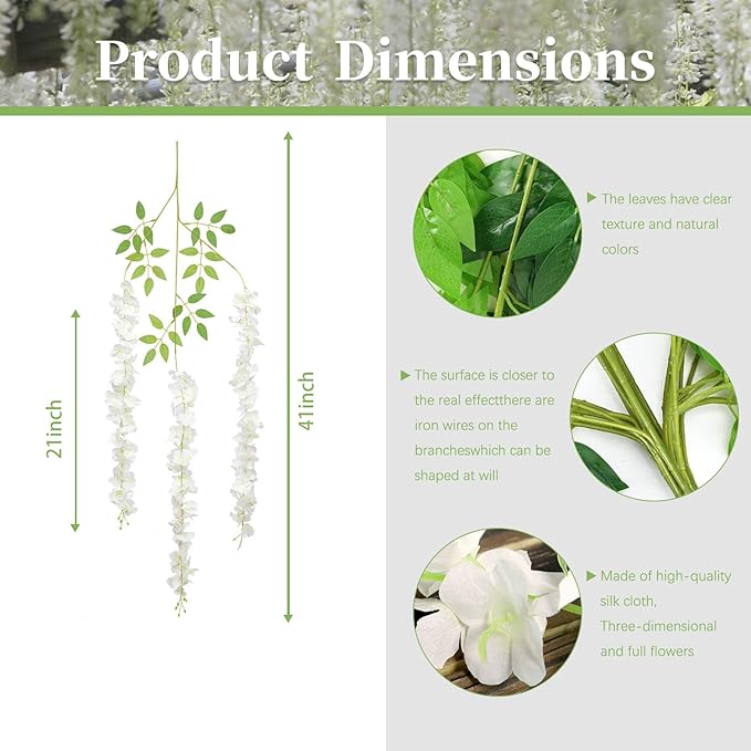 5 Pack Green White Wisteria Hanging Flowers, 3.44 Ft Fake Hanging Flowers, Artificial Wisteria Garland Vines for Wedding Room Backdrop Outdoor Patio Garden Decoration