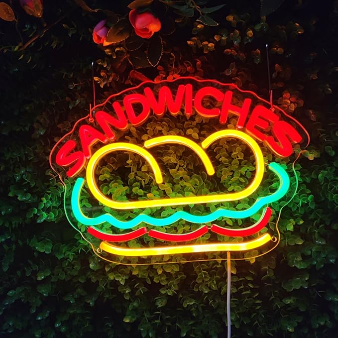 Sandwiches Neon Sign Sandwich Sign Food Neon Signs for Wall Decor, Sandwich Decorate for Home Kitchen Restaurant Store Fast Food Man Cave Party Decor, 12.9" x 9.2"