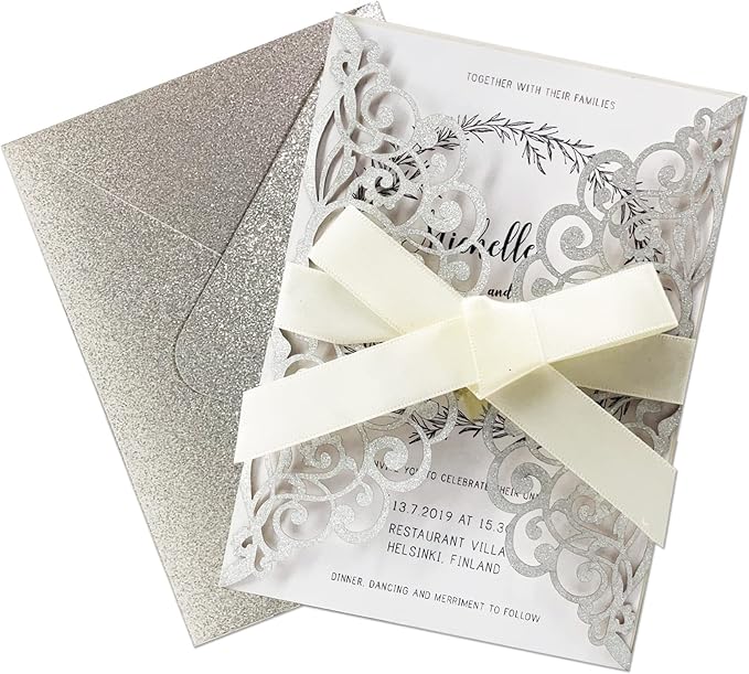 50Pcs Laser Cut Wedding Invitation With Glitter Envelopes And Ribbons Blank Personalized Card Invitaciones Para quinceañera Birthday Baby Shower Christmas Party Bridal Shower (Silver)