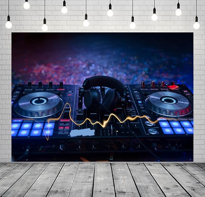CORFOTO 9x6ft Fabric Dj Mixer with Headphones Backdrop Photography Dj Sound Equipment in Dark Background Musical Dance Disco Party Decorations Live Concert Stage Photoshoot Booth Studio Props