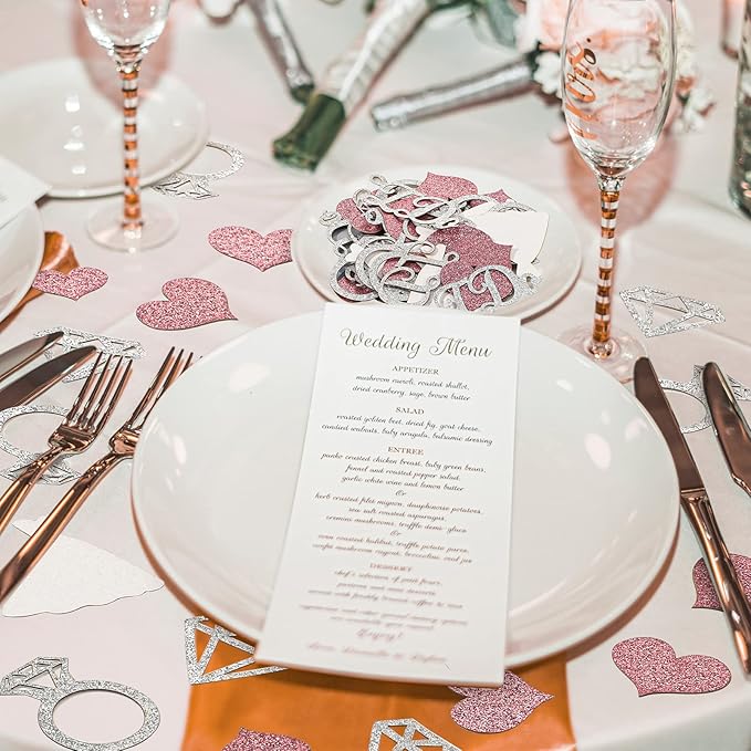 Zhanmai 240 Pieces Wedding Table Confetti, Glitter Rose Gold Heart Silver Diamond Ring I Do Scatter Party Table Decoration for Bridal Shower Engagement Bachelorette Party Decor