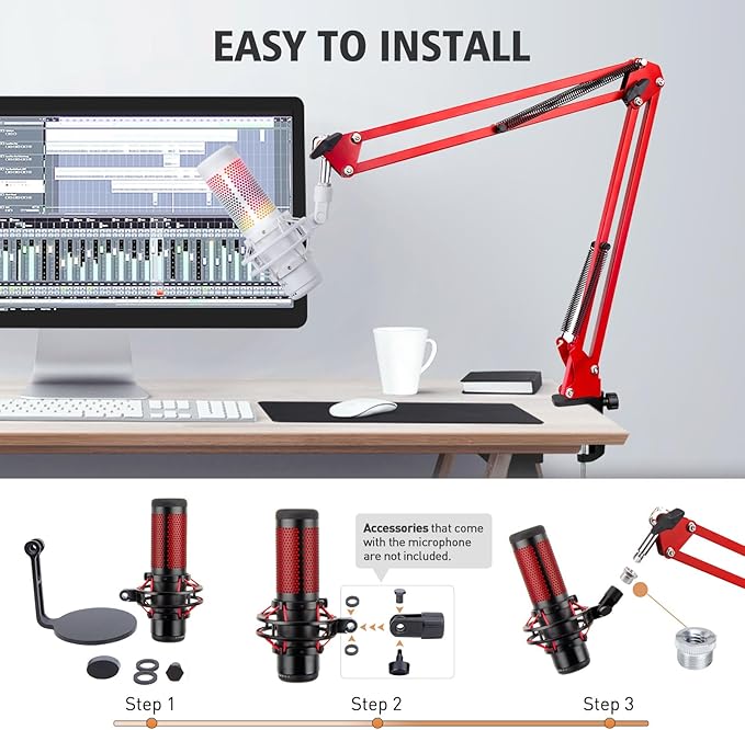 SUNMON HyperX QuadCast Boom Arm - Upgraded Red Boom Arm with Windscreen, Sound Insulation and Noise Reduction, HyperX QuadCast Microphone Arm with 3/8" to 5/8" Adapter