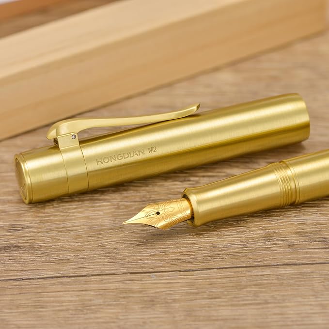 Hongdian M2 Black Forest Mini Fountain Pen, Fine Soft Golden Nib & Sleek Shape Brass Short Pocket Travel Pen (Glossy Brass)