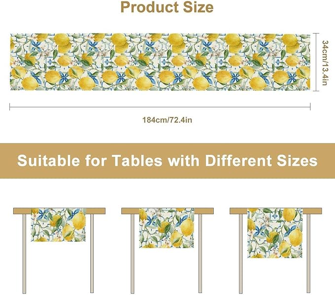 Lemon Table Runner,Watercolor Fruit Green Leaves Spring Summer Table Cloth Kitchen Dining Table Home Party Decoration 13x90 Inch