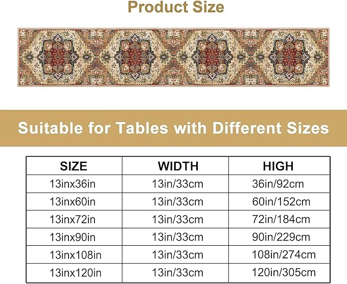 Boho Bohemia Style Table Runner, Vintage Yellow Brown Retro Flower Rustic Country Style Floral Print Pattern for Home Kitchen Table Decor Dining Coffee Room Garden Party Decor 13x90in