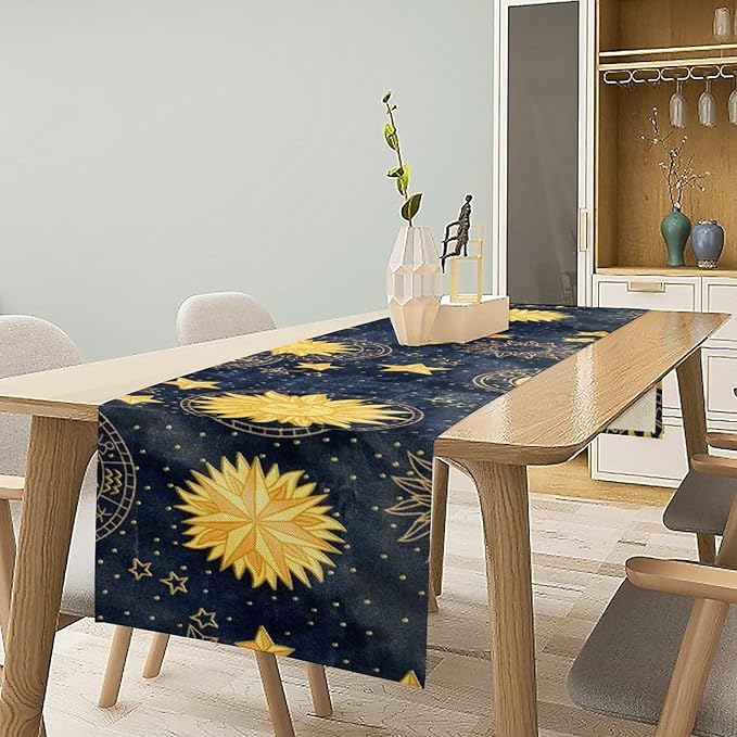 Sun Moon Table Runner, Boho Starry Sky Table Runners for Dinner Holiday Party Wedding Kitchen Golden Stars, 13x120 Inch