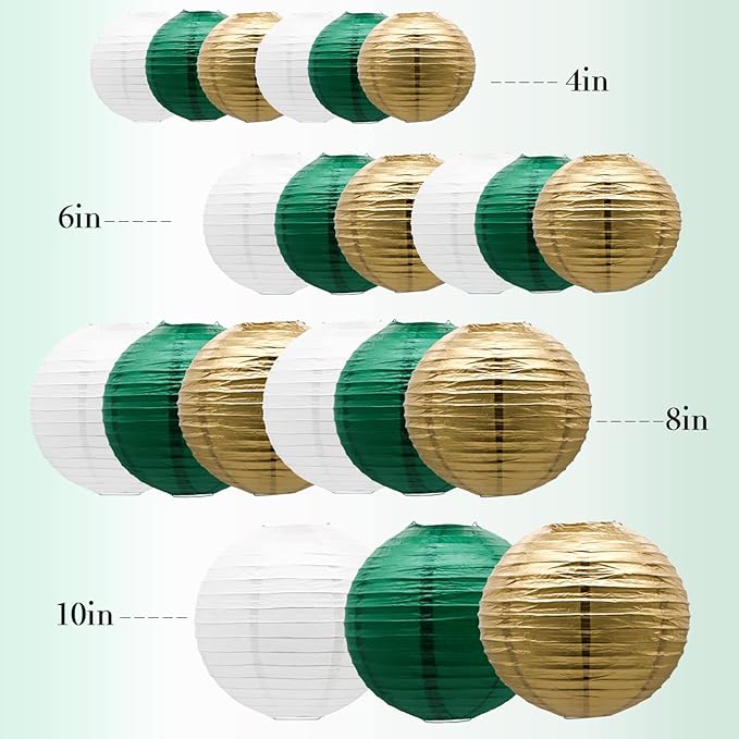 ADLKGG Green Gold Paper Lanterns Party Decorations, Round Hanging Lantern for St. Patrick's Day, Graduation, Wedding, Tropical Jungle Theme Birthday Party Football Theme Baby Shower Decorations