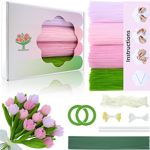 400 Pcs Pipe Cleaners Craft with Pastel Colors, Chenille Stems Flowers Craft Kit with Floral Wires, Floral Tape, Stamen & Ribbon, Pink Pipe Cleaner Flower Kit for Wedding Gift, Holiday Decoration