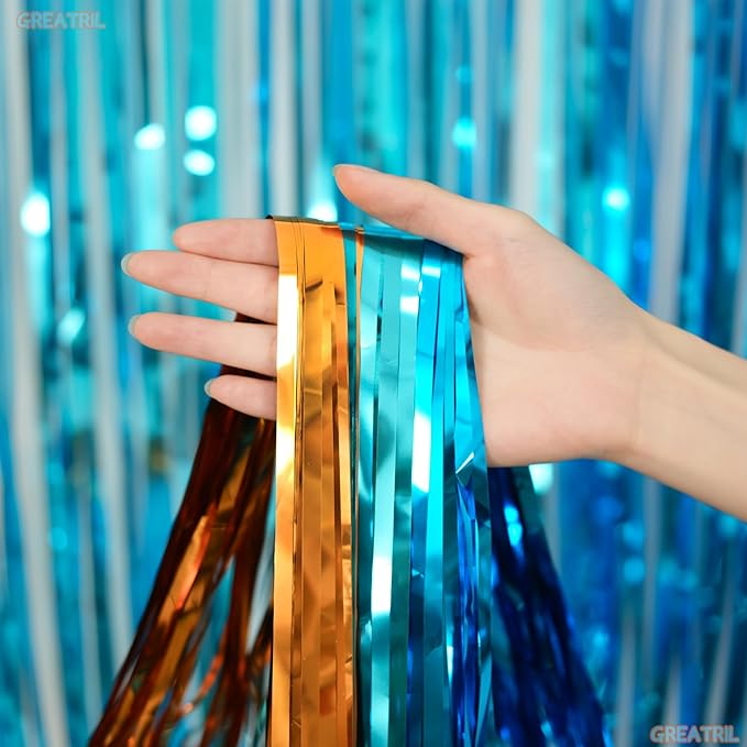 Orange Blue Party Streamers Backdrop - GREATRIL Tinsel Fringe Curtain for Blue Dogs Themed Birthdays Decoration 2 Packs