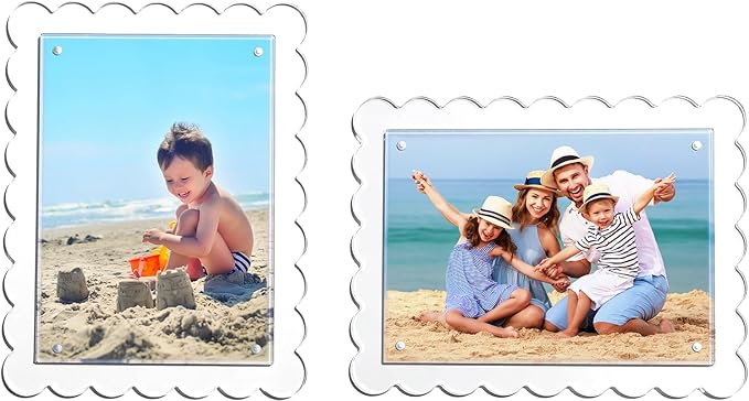 Cuspin 5x7 Acrylic Frames Set of 2 Scalloped Picture Frame, Clear Magnetic Acrylic Photo Frames with Dual Kickstand Holes for Vertical and Horizontal Display