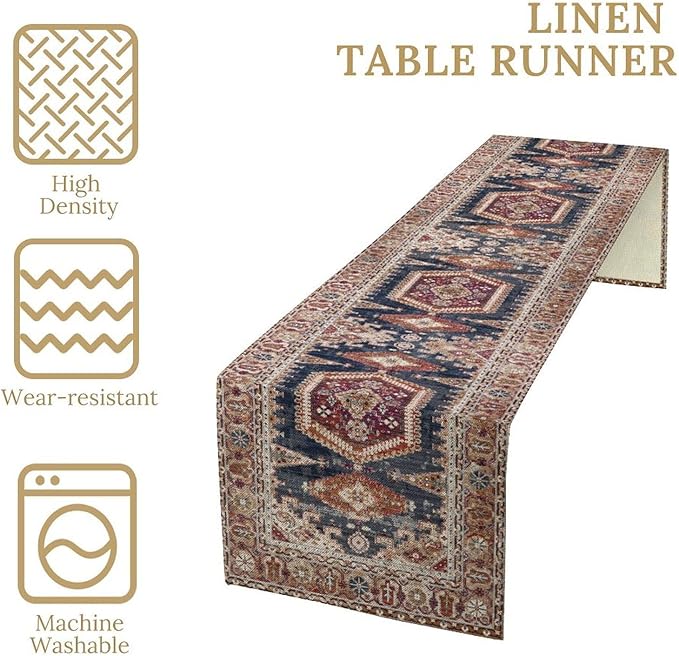 Vintage Boho Table Runner,Flower Geometric Design Rustic Farmhouse Table Runner for Home Farmhouse Kitchen Table Dining Coffee Room Garden Party Wedding Decor 13x108in