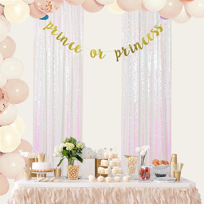 ShinyBeauty 4-Pack Sequin Photo Backdrop Curtains 2x8FT - Glitter Gold & Transparent White Sparkling Wall/Stage Background for Photography Studio, Birthdays, Weddings, Parties