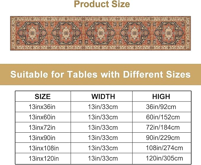 Vintage Boho Floral Table Runner, Rustic Country Farmhouse Orange Black Retro Flower Pattern for Home Kitchen Table Decor Dining Coffee Room Party Decor 13x90in