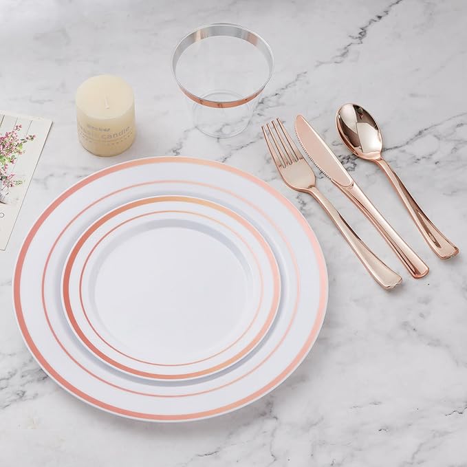 BESTVIP 600PCS Plastic Dinnerware Set (100 Guests), Rose Gold Disposable Plates for Party, Wedding, Christmas, Anniversary, Includes: Dinner Plates, Dessert Plates, Cups, Spoons, Forks and Knives