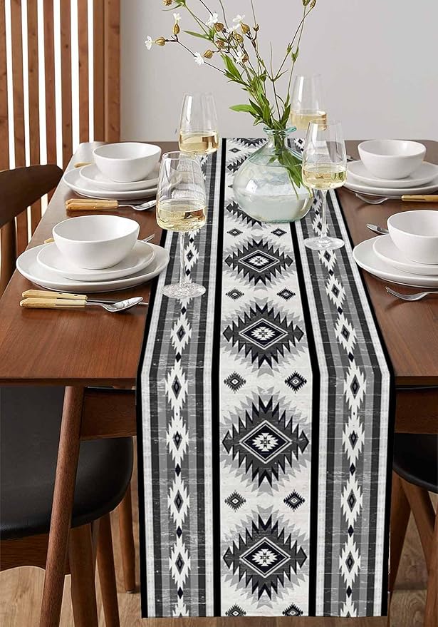 Aztec Southwest Cotton Linen Table Runner for Dining Kitchen, Wedding Outdoor Party Tablerunners Decoration, Boho Ethnic Tribes Vintage Grey Dresser Scarf Coffee Tablecloth Runners 13x90 Inches