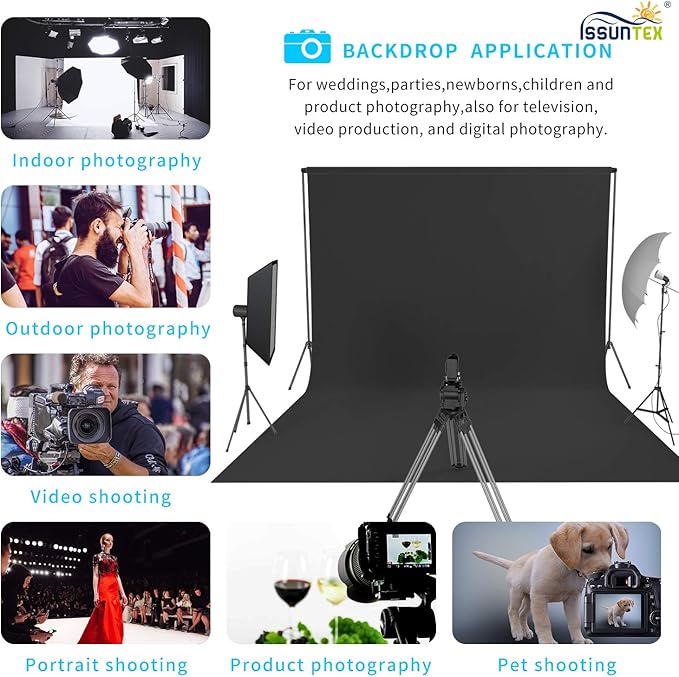 ISSUNTEX 10X20 ft Background Muslin Backdrop, Photo Studio, Collapsible High Density Screen for Video Photography and Television-Black