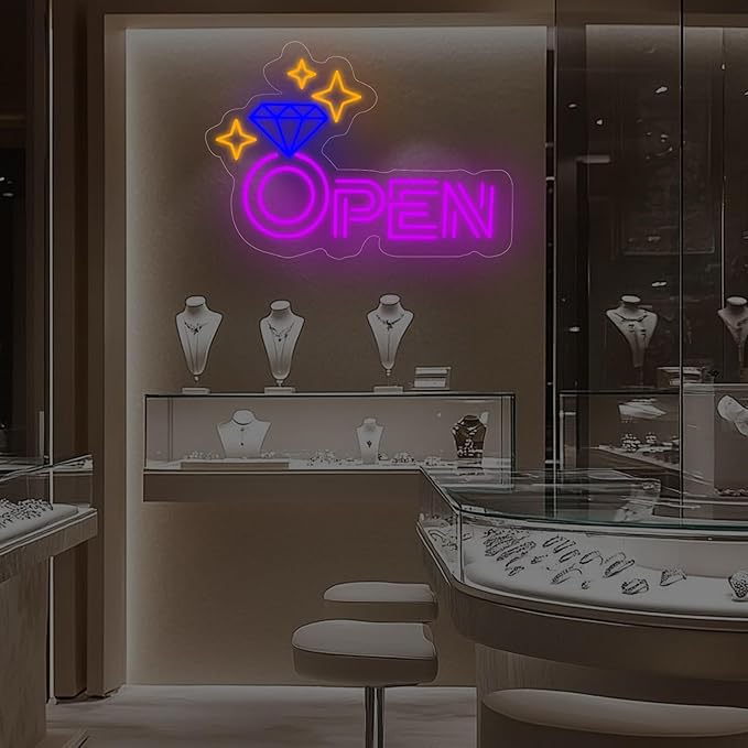 Diamond Open Indoor Neon Sign For Jewelry Store Custom Led Neon Sign Business Decor Store Decor Diamond LED Light Wall Art Decoration, 16.5"x11", Purple