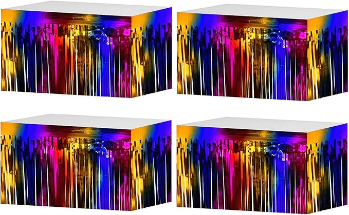 4 Pack 29x108 Inch Metallic Foil Fringe Tinsel Table Skirts for Rectangle Tables Streamer Backdrop for Wedding, Birthday, Parade Floats, Christmas, Halloween Party Decoration(Rainbow)