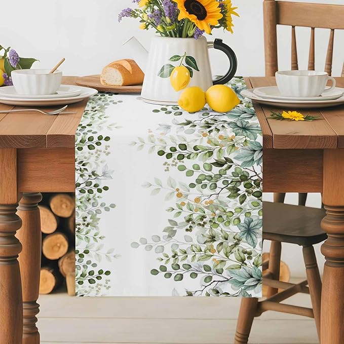 Sage Green Eucalyptus Cotton Linen Table Runner for Dining Kitchen,Farmhouse Leaves Botanical Floral Wedding Outdoor Party Tablerunners Decoration Dresser Scarf Coffee Tablecloth Runners 13x120 Inches