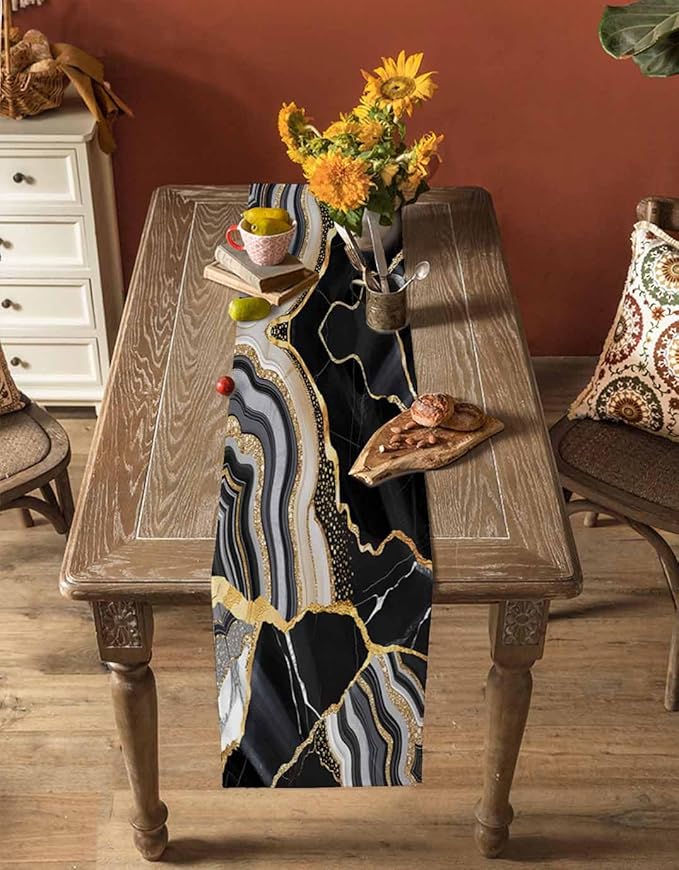 Geometric Black Marble Cotton Linen Table Runner for Dining Kitchen, Wedding Outdoor Party Tablerunners Decoration,Farm Marble Liquid Ripple Abstract Dresser Scarf Coffee Tablecloth Runners 13''x120''