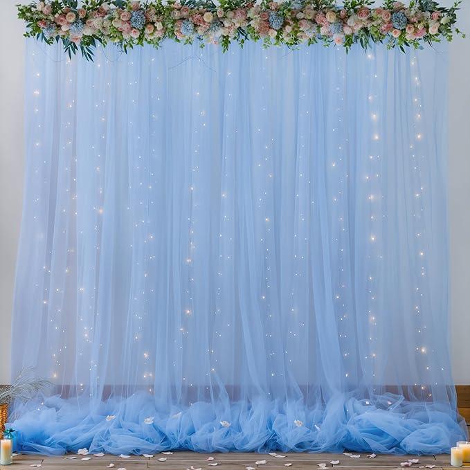 10x8ft Baby Blue Tulle Backdrop Curtains with Lights for Party Wedding Baby Shower, Sheer Drape Backdrop Curtains for Birthday Party Photo Booth Background Decoration