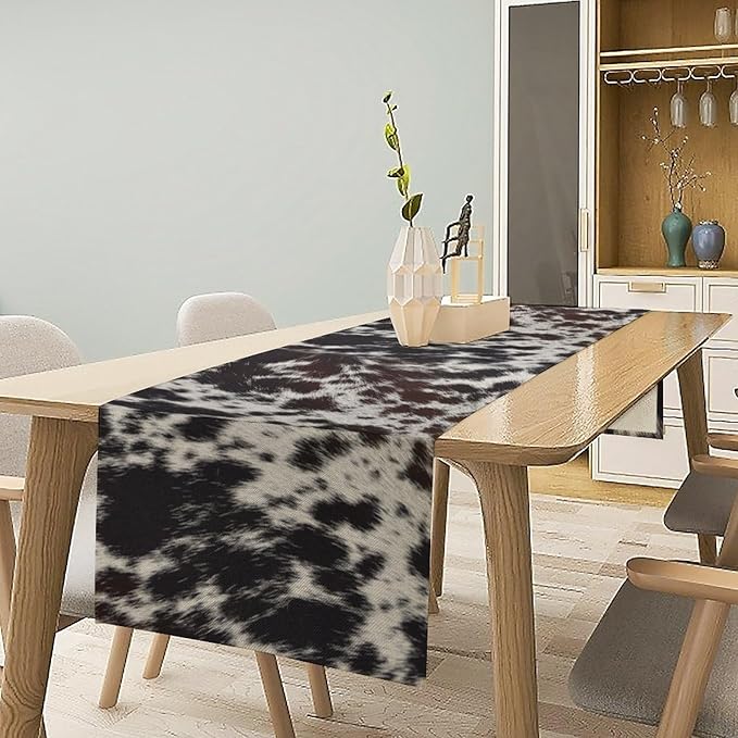 Cow Print Table Runner, Country Farm Animal Fur Skin Pattern Western Style Black Brown Cowhide Print Dinner Runner for Home Kitchen Dining Home Setting, 13x108 Inch