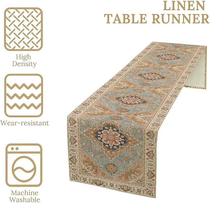 Vintage Boho Floral Table Runner, Rustic Country Farmhouse Grey Blue Orange Bohemia Flower Pattern for Home Kitchen Table Decor Dining Coffee Room Party Decor 13x120in