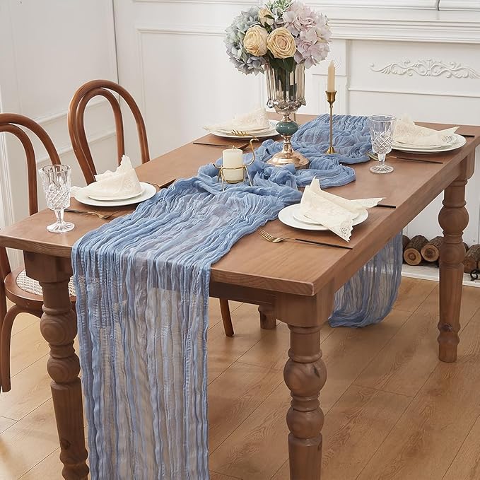 Dusty Blue 6 Pack Cheesecloth Table Runner 120 Inch 10 FT Boho Rustic Gauze for Wedding Baby Shower Party Farmhouse Summer Home Decor Washable