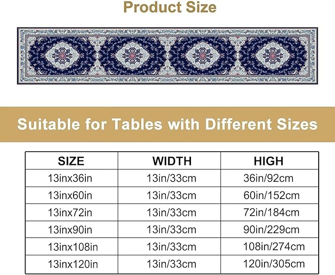 Elegant Palace Boho Blue Table Runner Vintage French Style Farmhouse Geometric Home Farmhouse Kitchen Table Dining Coffee Room Garden Party Wedding Decor 13x60in