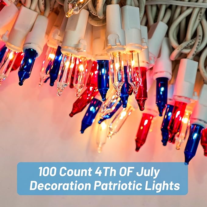 4th of July Decorations Lights Red White & Blue 100 Count 20 Feet Patriotic Mini String Waterproof Independence Day Lights for Indoor Outdoor Christmas Party Patio Memorial Day Décor