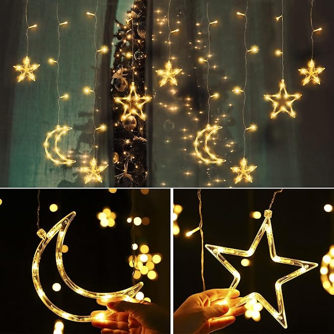PUHONG Christmas Lights, 11.48FT Curtain String Lights with 8 Light Modes, Star Moon Indoor Outdoor Fairytale String Lights for Bedroom, Window, Wall, Home, Ramadan, Christmas Decoration - Warm White