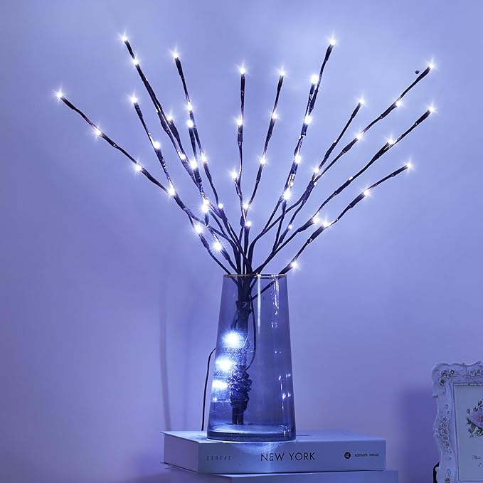 3 Pack Lighted Branches for Vases Plug in - 24Inch 60 LED Christmas DIY Twig Pathway Lights, Artificial Tree Bendable Xmas Fairy Lights with Stakes for Outdoor Indoor Party Decoration, Pure White